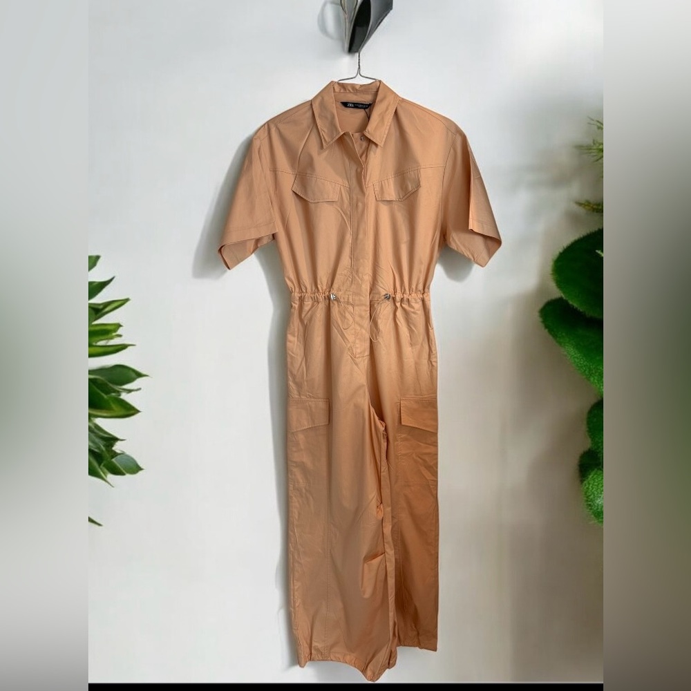 ZARA NWT Shirt-Style Cargo Full Length Oversized Jumpsuit Cotton XS - Picture 4 of 4